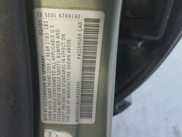 WVWPD63B43P359849 - 2003 VOLKSWAGEN PASSAT GLS GREEN photo 10