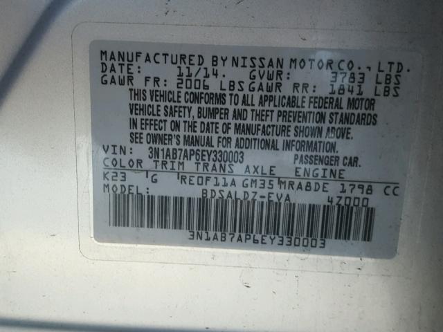 3N1AB7AP6EY330003 - 2014 NISSAN SENTRA S SILVER photo 10