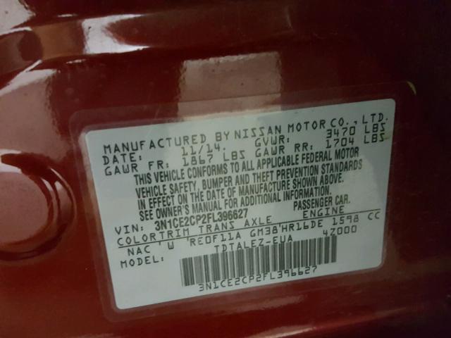 3N1CE2CP2FL396627 - 2015 NISSAN VERSA NOTE RED photo 10