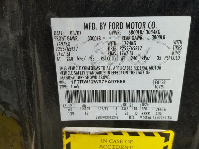 1FTRW12W97FA97686 - 2007 FORD F150 SUPER BLACK photo 10