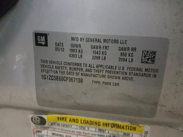 1G1ZC5E00CF367138 - 2012 CHEVROLET MALIBU 1LT 银色 照片 10