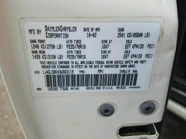 1J4GL58K43W563119 - 2003 JEEP LIBERTY LI WHITE photo 10