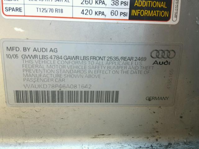 WAUKD78P46A081642 - 2006 AUDI A3 S-LINE SILVER photo 10