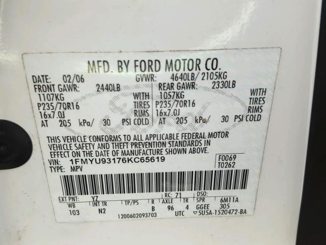 1FMYU93176KC65619 - 2006 FORD ESCAPE XLT WHITE photo 10