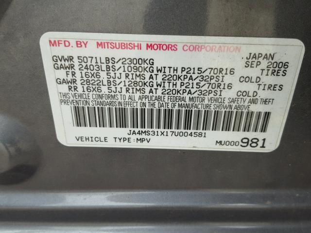 JA4MS31X17U004581 - 2007 MITSUBISHI OUTLANDER GRAY photo 10