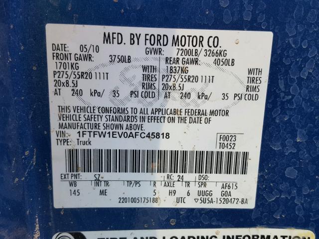 1FTFW1EV0AFC45818 - 2010 FORD F150 SUPER BLUE photo 10