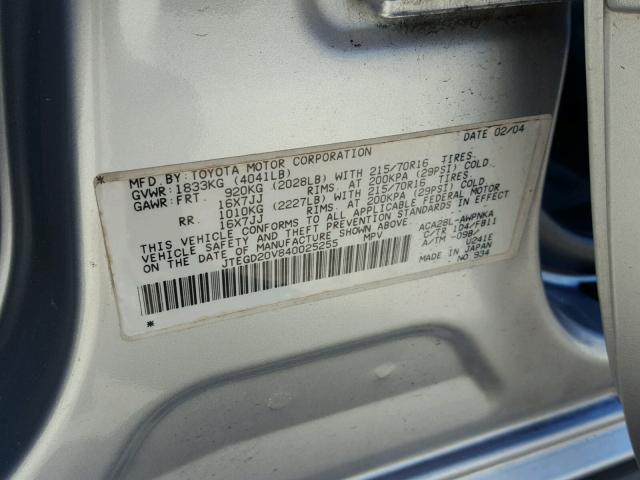 JTEGD20V840025255 - 2004 TOYOTA RAV4 GRAY photo 10