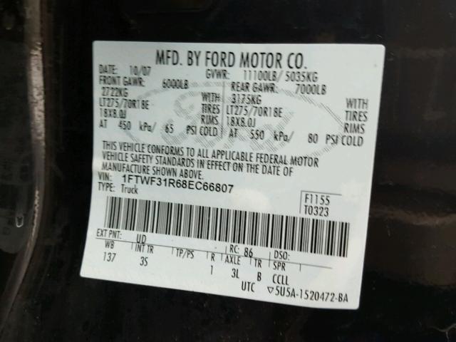 1FTWF31R68EC66807 - 2008 FORD F350 SRW S BLACK photo 10