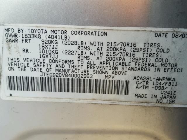 JTEGD20V840002963 - 2004 TOYOTA RAV4 SILVER photo 10