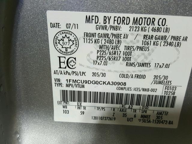 1FMCU9DG0CKA30908 - 2012 FORD ESCAPE XLT SILVER photo 10