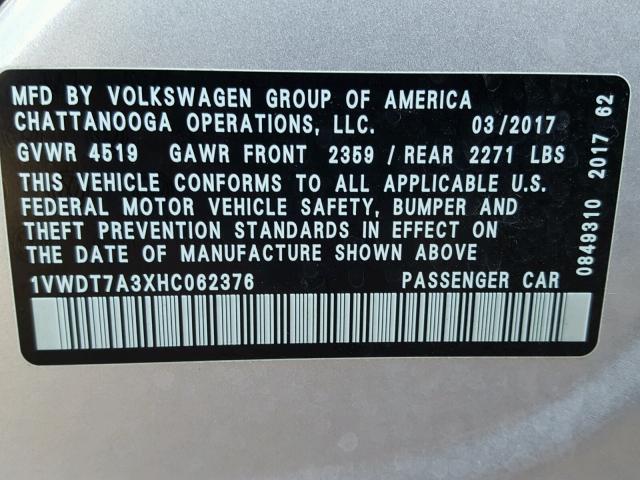 1VWDT7A3XHC062376 - 2017 VOLKSWAGEN PASSAT R-L GRAY photo 10