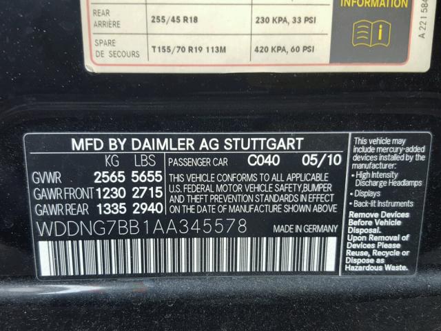 WDDNG7BB1AA345578 - 2010 MERCEDES-BENZ S 550 BLACK photo 10