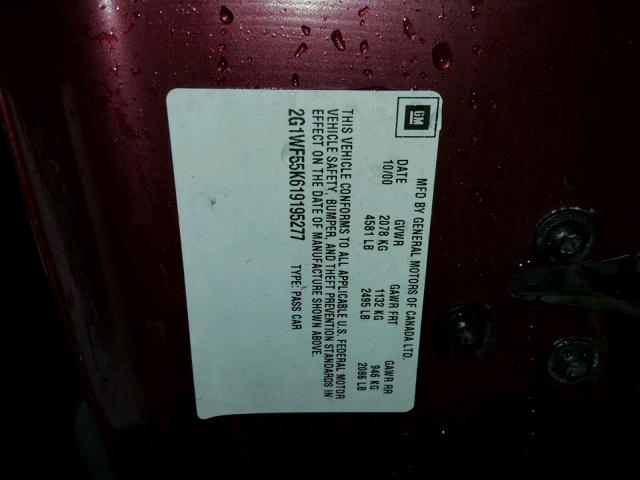 2G1WF55K619195277 - 2001 CHEVROLET IMPALA BURGUNDY photo 10