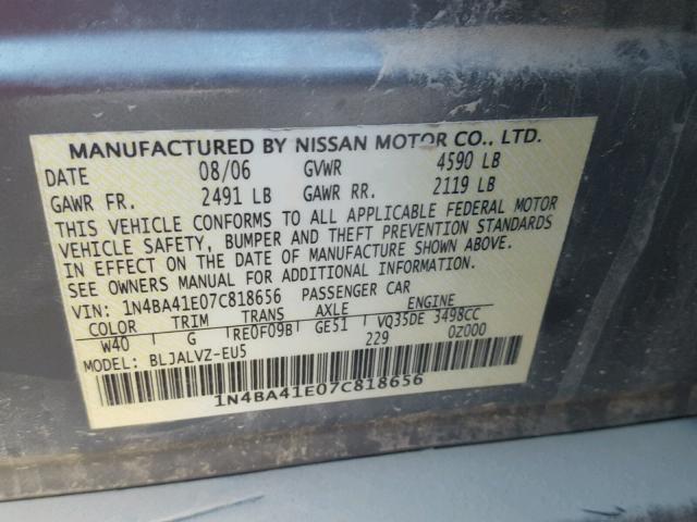 1N4BA41E07C818656 - 2007 NISSAN MAXIMA SE GRAY photo 10