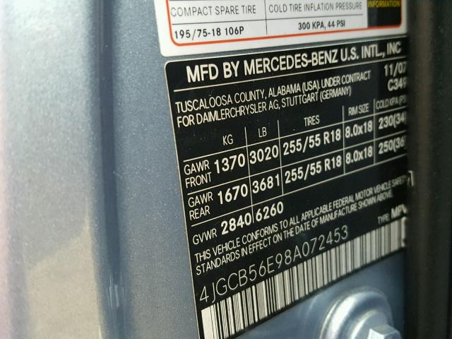 4JGCB56E98A072453 - 2008 MERCEDES-BENZ R 350 BLUE photo 10