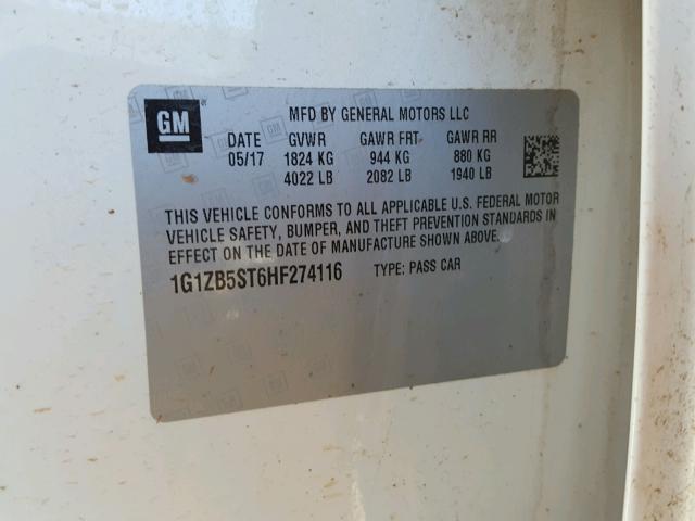 1G1ZB5ST6HF274116 - 2017 CHEVROLET MALIBU LS თეთრი ფოტო 10