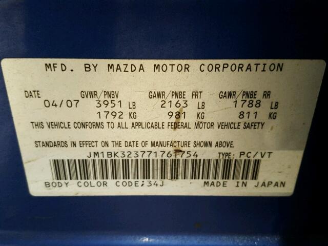 JM1BK323771761754 - 2007 MAZDA 3 S BLUE photo 10