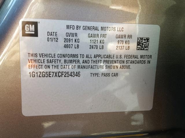 1G1ZG5E7XCF254346 - 2012 CHEVROLET MALIBU LTZ 棕色 照片 10