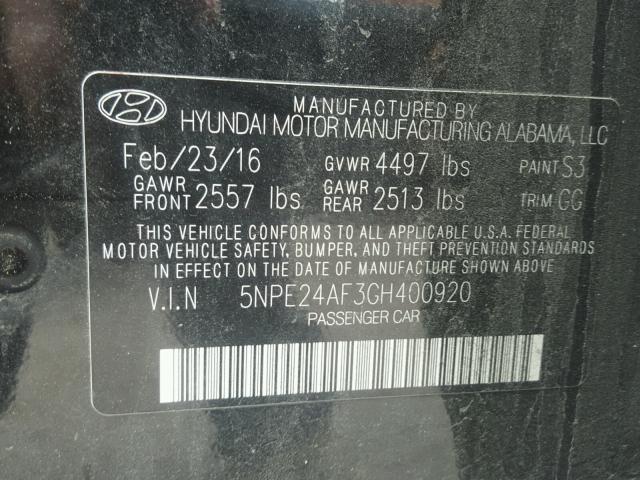 5NPE24AF3GH400920 - 2016 HYUNDAI SONATA SE BLACK photo 10