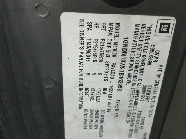 1GNDM19W9TB163958 - 1996 CHEVROLET ASTRO GRAY photo 10