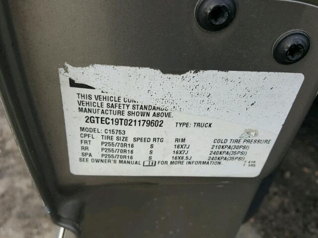 2GTEC19T021179602 - 2002 GMC NEW SIERRA GRAY photo 10