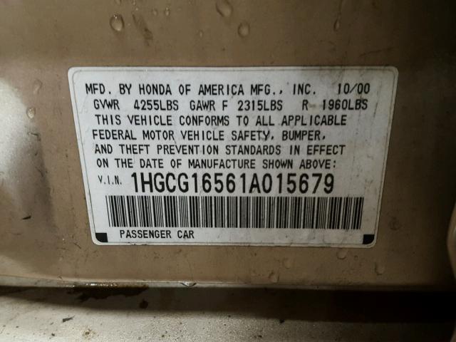 1HGCG16561A015679 - 2001 HONDA ACCORD EX GOLD photo 10