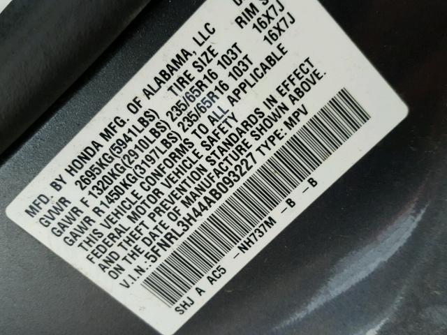 5FNRL3H44AB093227 - 2010 HONDA ODYSSEY EX GRAY photo 10