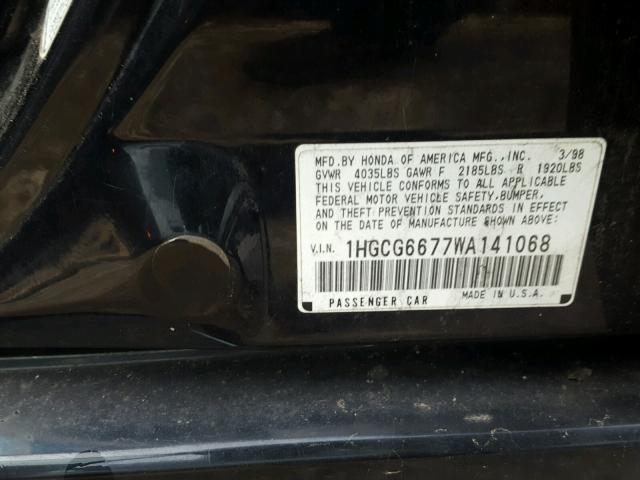 1HGCG6677WA141068 - 1998 HONDA ACCORD EX BLACK photo 10