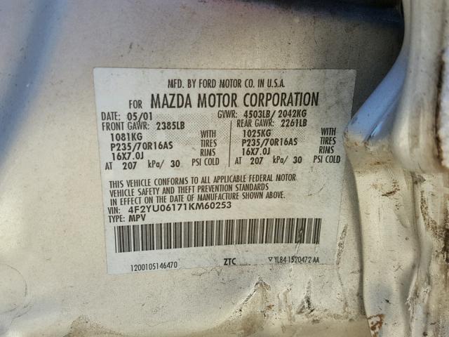 4F2YU06171KM60253 - 2001 MAZDA TRIBUTE DX 银色 照片 10