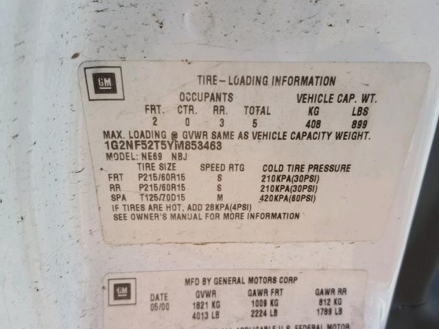 1G2NF52T5YM853463 - 2000 PONTIAC GRAND AM S WHITE photo 10