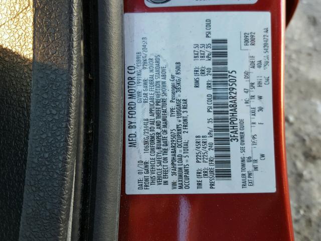 3FAHP0HA8AR295075 - 2010 FORD FUSION SE RED photo 10