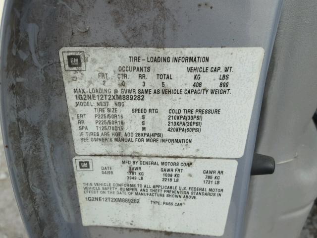 1G2NE12T2XM889282 - 1999 PONTIAC GRAND AM S ვერცხლისფერი ფოტო 10