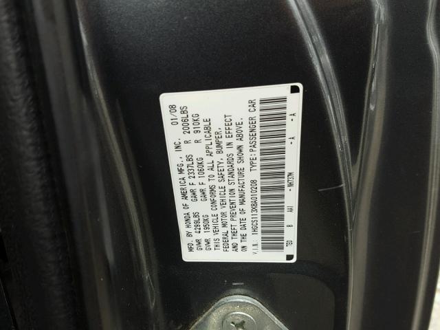 1HGCS113X8A010208 - 2008 HONDA ACCORD LX- GRAY photo 10