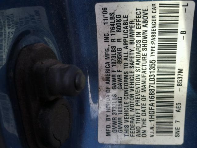 1HGFA16887L031355 - 2007 HONDA CIVIC EX BLUE photo 10