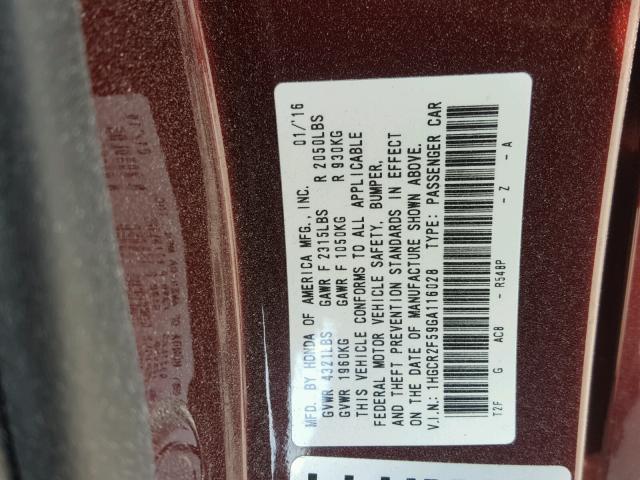 1HGCR2F59GA116028 - 2016 HONDA ACCORD SPO MAROON photo 10