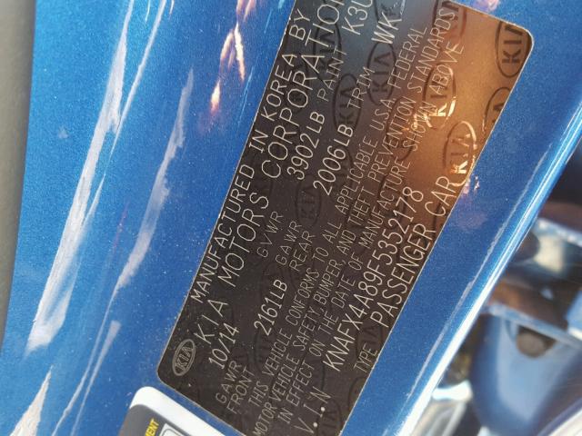 KNAFX4A89F5352178 - 2015 KIA FORTE EX BLUE photo 10