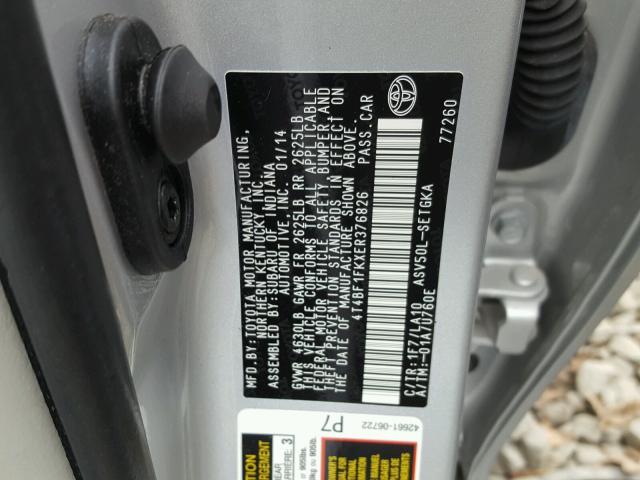 4T4BF1FKXER376826 - 2014 TOYOTA CAMRY L SILVER photo 10