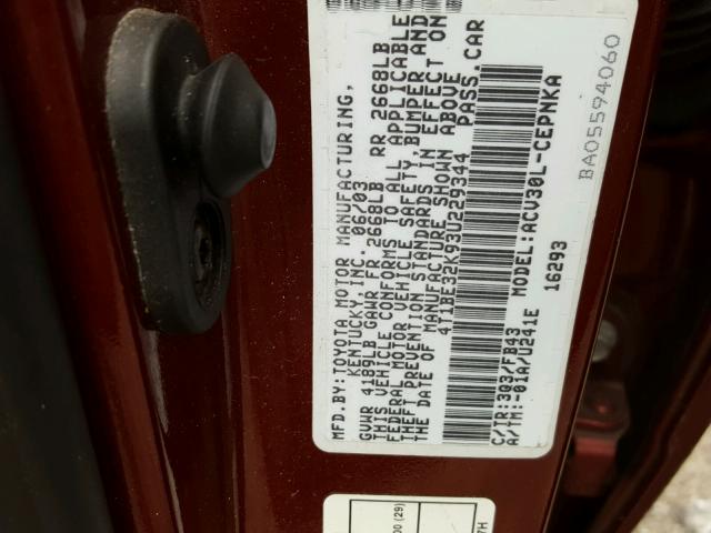 4T1BE32K93U229344 - 2003 TOYOTA CAMRY LE MAROON photo 10