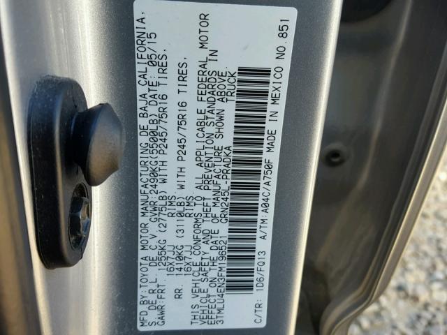 3TMLU4EN3FM196521 - 2015 TOYOTA TACOMA DOU GRAY photo 10