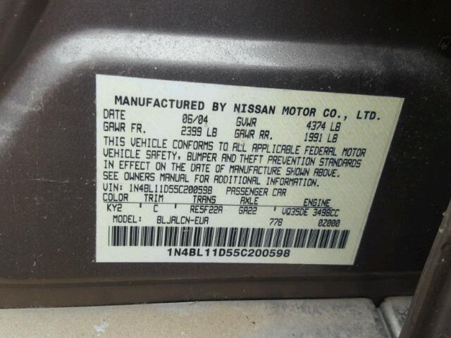 1N4BL11D55C200598 - 2005 NISSAN ALTIMA SE TAN photo 10