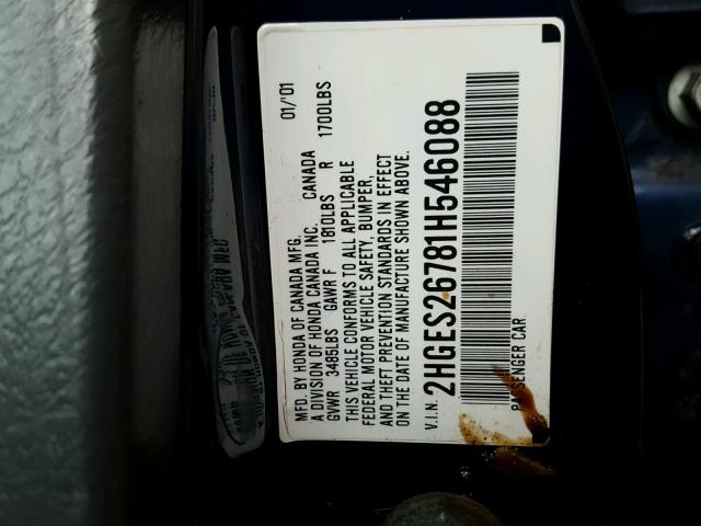 2HGES26781H546088 - 2001 HONDA CIVIC EX ლურჯი ფოტო 10