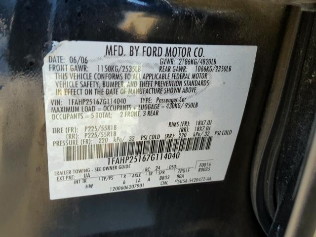 1FAHP25167G114040 - 2007 FORD FIVE HUNDR BLACK photo 10