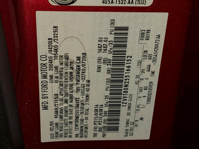 1ZVFT80N255166152 - 2005 FORD MUSTANG RED photo 10
