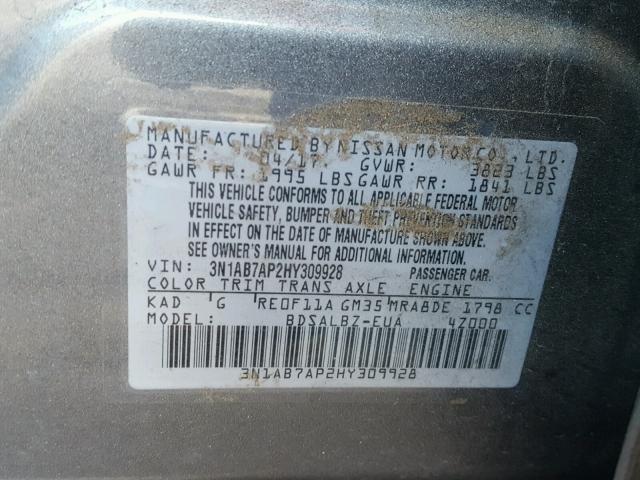 3N1AB7AP2HY309928 - 2017 NISSAN SENTRA S GRAY photo 10