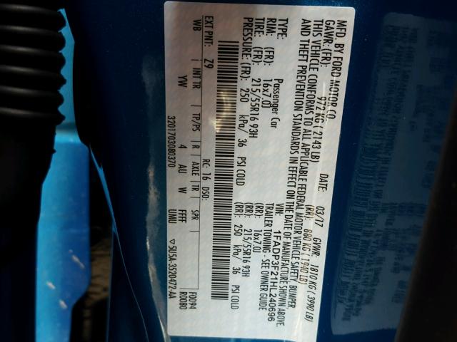 1FADP3F21HL240696 - 2017 FORD FOCUS SE BLUE photo 10