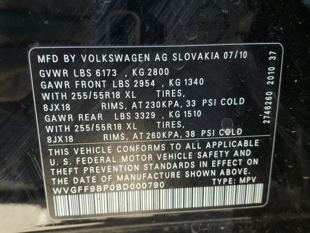 WVGFF9BP0BD000790 - 2011 VOLKSWAGEN TOUAREG V6 BLACK photo 10