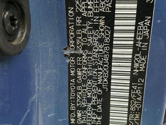 JTDKB20U487818027 - 2008 TOYOTA PRIUS BLUE photo 10