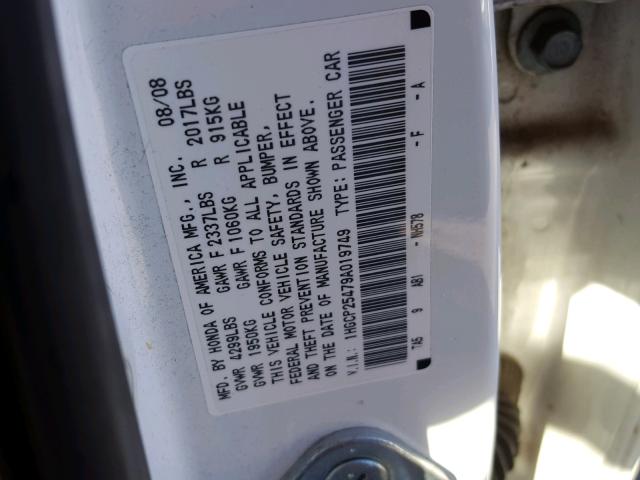 1HGCP25479A019749 - 2009 HONDA ACCORD LXP WHITE photo 10