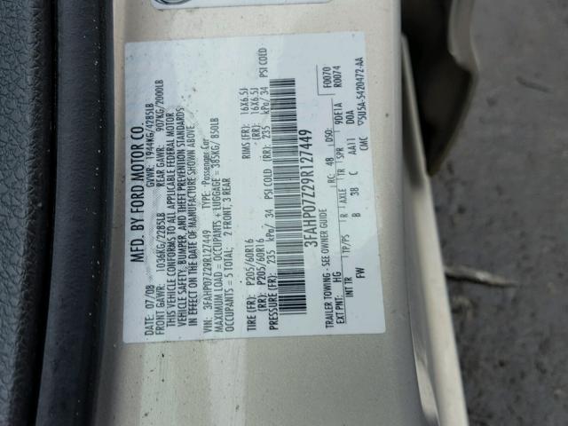 3FAHP07Z29R127449 - 2009 FORD FUSION SE GOLD photo 10