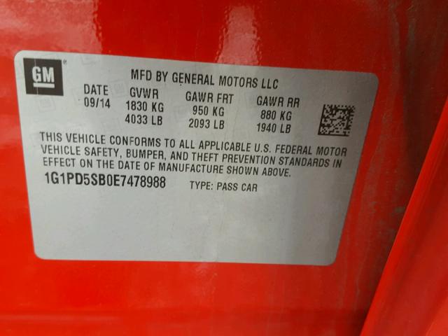 1G1PD5SB0E7478988 - 2014 CHEVROLET CRUZE LT RED photo 10